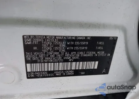 2019 Toyota Rav4 Xle Premium z USA, uszkodzony, nr VIN 2T3C1RFV9KC007255